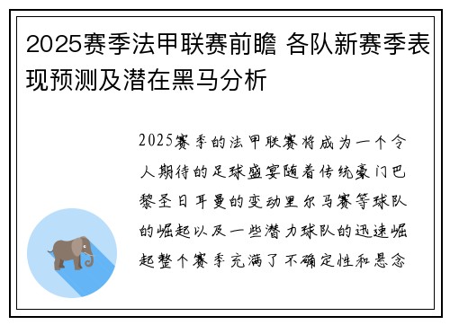 2025赛季法甲联赛前瞻 各队新赛季表现预测及潜在黑马分析
