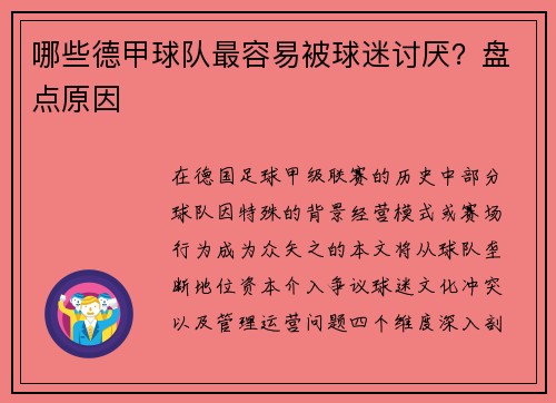 哪些德甲球队最容易被球迷讨厌？盘点原因